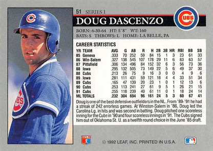 Baseball card featuring Doug Dascenzo in a Chicago Cubs uniform with stats on the back