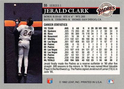 Jerald Clark San Diego Padres baseball card displaying career statistics and number 24