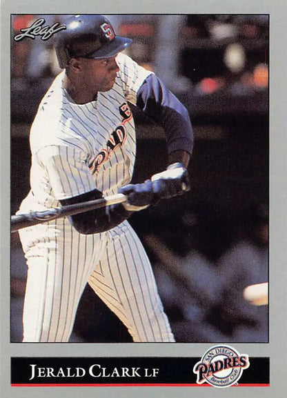 Jerald Clark batting in pinstripe uniform on 1992 Leaf San Diego Padres card