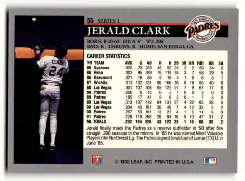 Jerald Clark 1992 Leaf #55 baseball card showcasing original gloss and Near Mint condition