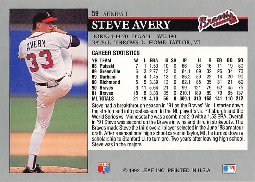 Baseball card of Steve Avery in Atlanta Braves uniform, number 33, 1992 Leaf #59