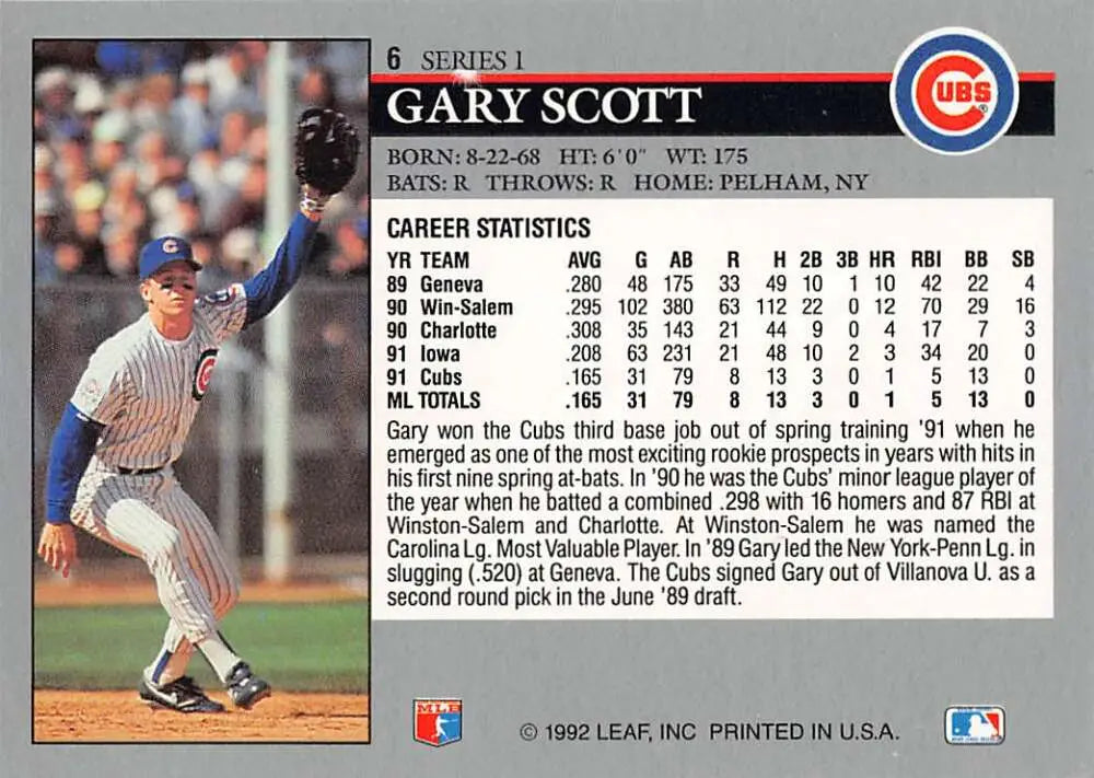 Baseball card of Gary Scott in batting stance for Chicago Cubs 1992 Leaf #6