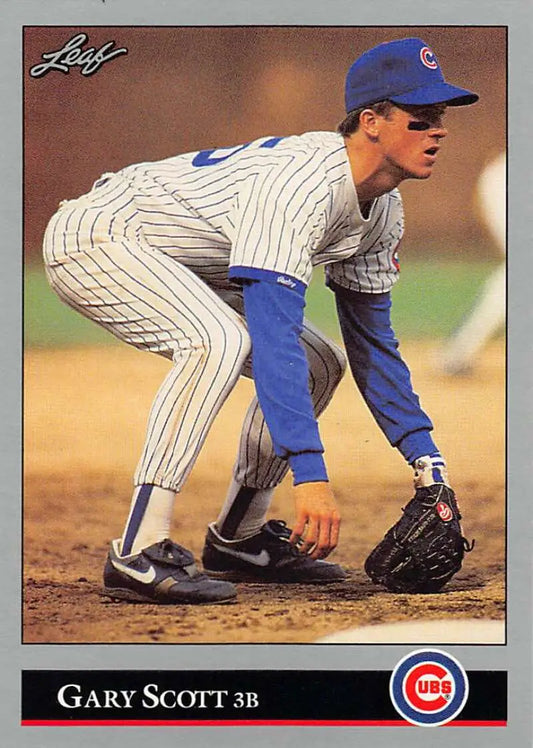 Baseball card of Gary Scott in pinstripes for Chicago Cubs fielding stance