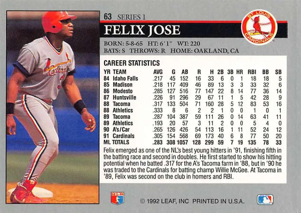 Felix Jose St. Louis Cardinals baseball card in red cap and white uniform