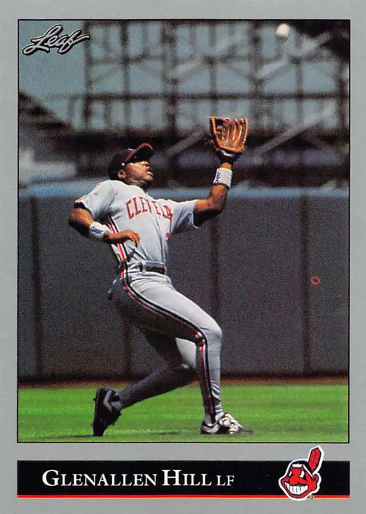 Baseball card featuring Glenallen Hill catching a ball in Cleveland Indians uniform