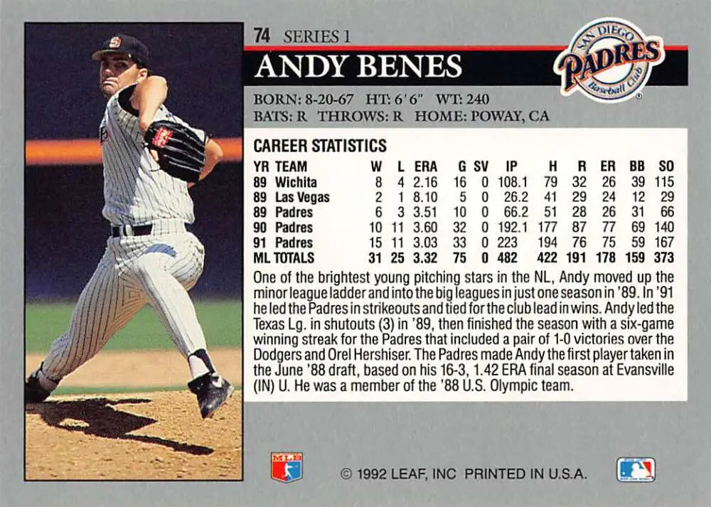 Baseball card featuring Andy Benes of the San Diego Padres in mid-throwing action