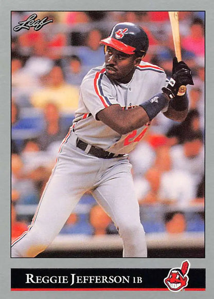 Baseball card of Reggie Jefferson in a batting stance for Cleveland Indians