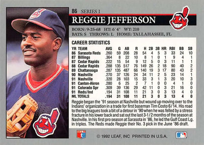 1992 Leaf #86 Reggie Jefferson Baseball Card of Cleveland Indians player