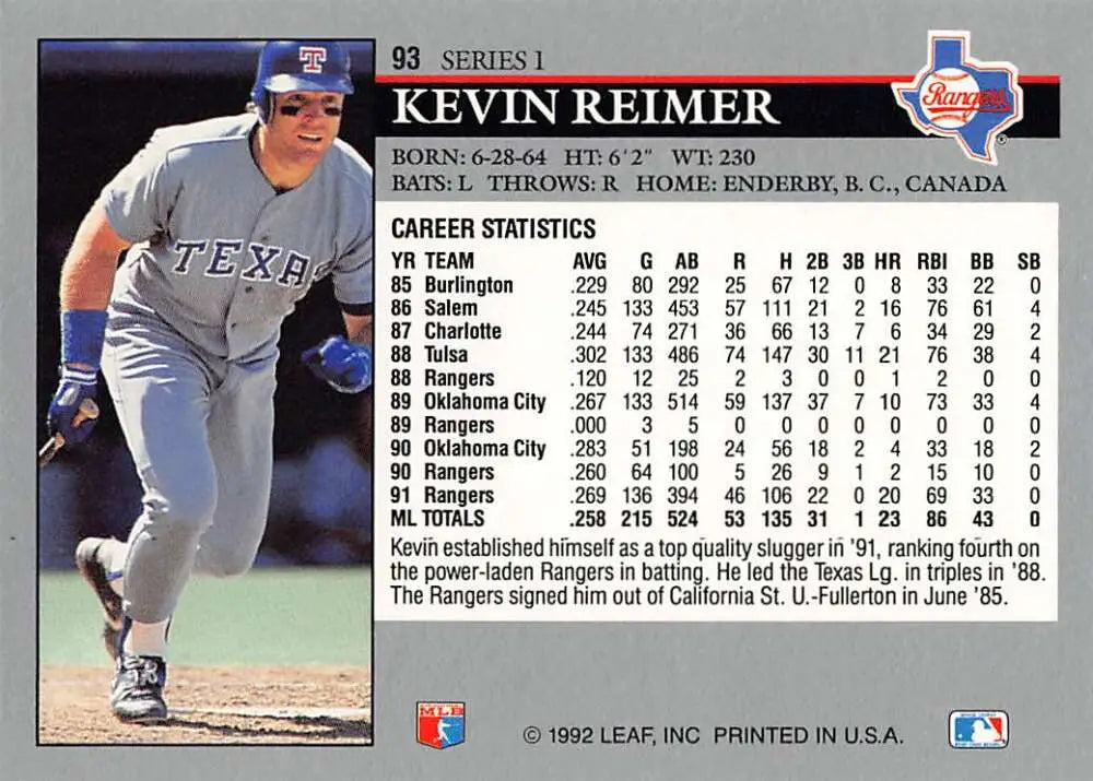 Baseball card of Kevin Reimer from Texas Rangers with career stats on the back