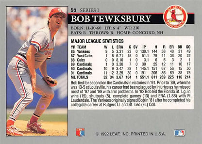 Baseball card of Bob Tewksbury in throwing motion for St. Louis Cardinals