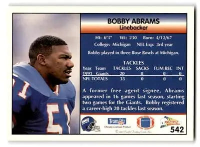 Football player trading card featuring Bobby Abrams statistics and biography details