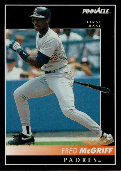 1992 Pinnacle Fred McGriff Baseball Card in batting stance for San Diego Padres fans