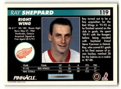 1992 Pinnacle #119 Ray Sheppard Detroit Red Wings Hockey Card original gloss EX/NM