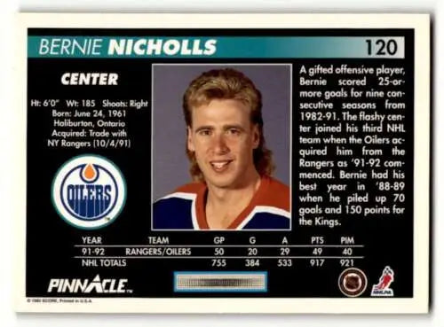 1992 Pinnacle Bernie Nicholls Oilers hockey card with original gloss details