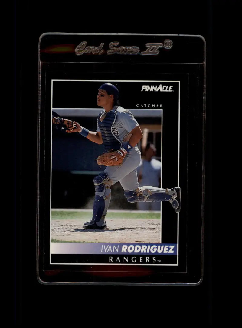 1992 Pinnacle #156 Ivan Rodriguez Baseball Card showcasing Texas Rangers catcher stance