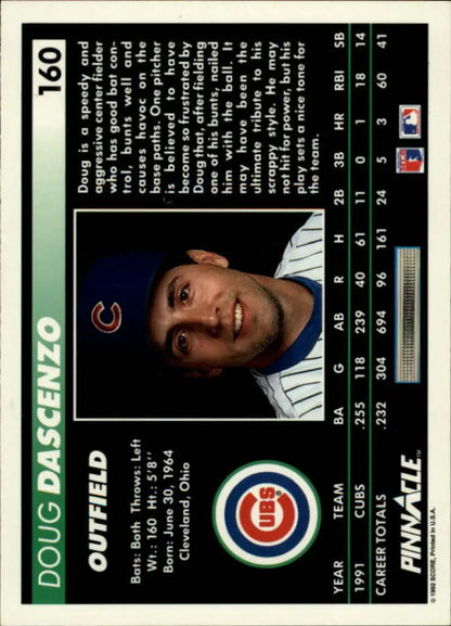 1992 Pinnacle #160 Doug Dascenzo Baseball Card featuring Chicago Cubs player