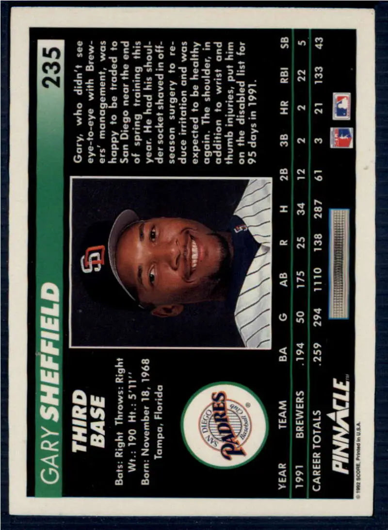 Baseball trading card of Gary Sheffield in pinstriped San Diego Padres uniform