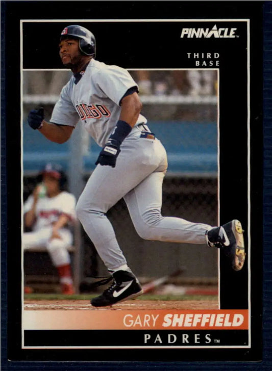 Baseball card of Gary Sheffield in a white uniform for San Diego Padres 1992 Pinnacle