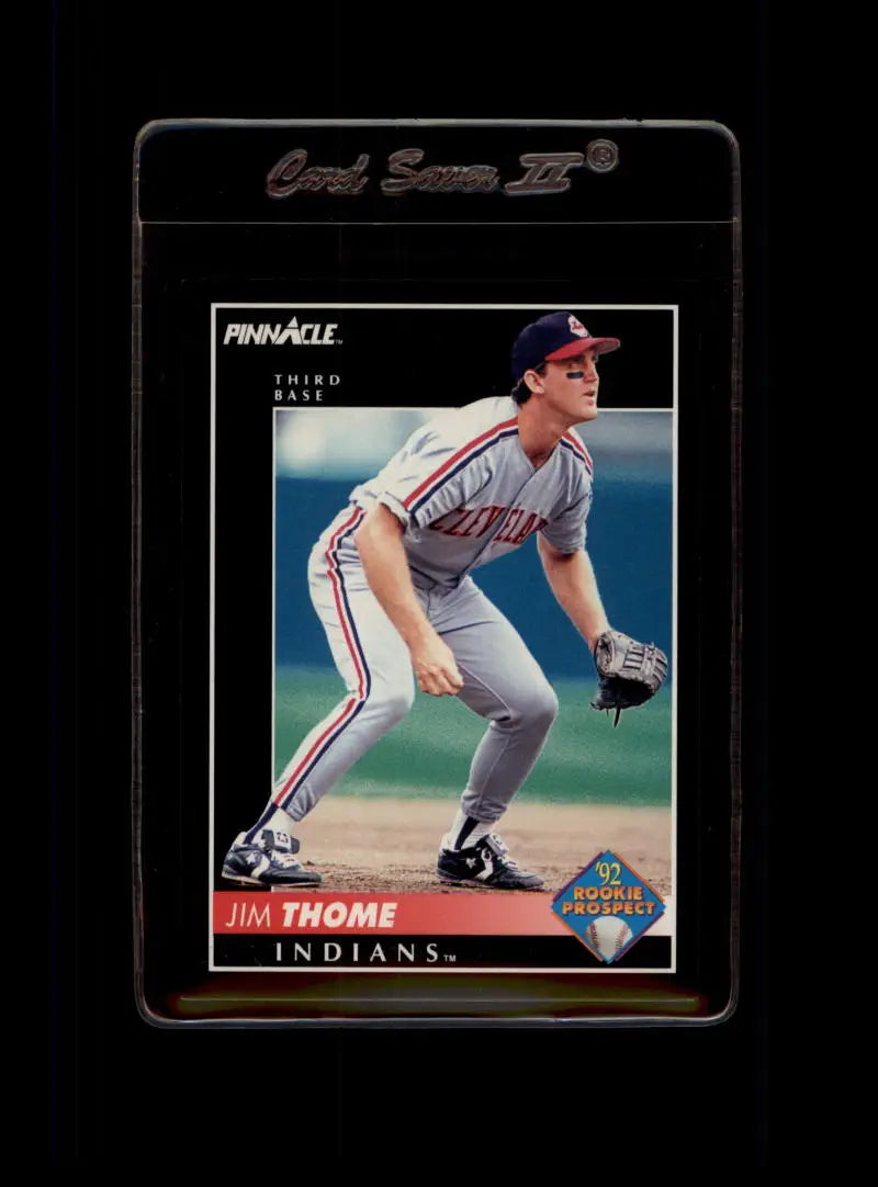 Baseball card of Jim Thome in gray uniform, Cleveland Indians fielding stance