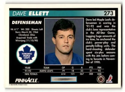 Dave Ellett Maple Leafs hockey card from 1992 Pinnacle, original gloss condition