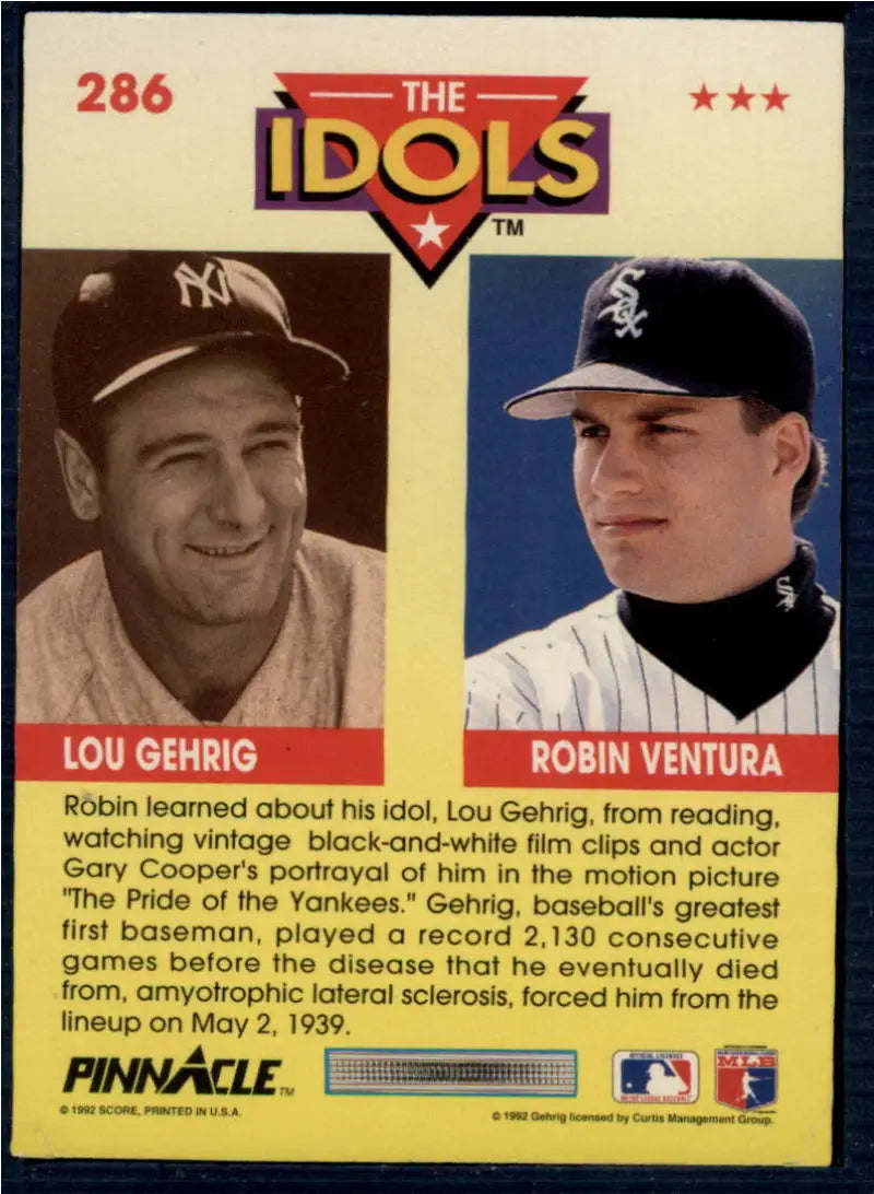 Baseball card showcasing Robin Ventura and Lou Gehrig in White Sox and Yankees caps