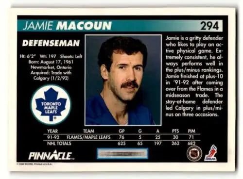 1992 Pinnacle #294 Jamie Macoun Maple Leafs Hockey Card with original gloss condition