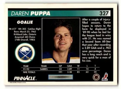 1992 Pinnacle #327 Daren Puppa Sabres Hockey Card in original gloss condition