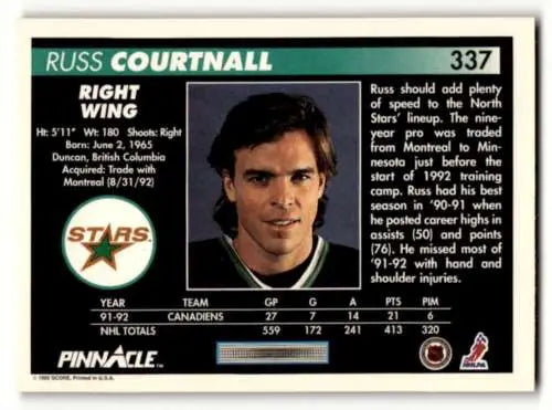 1992 Pinnacle #337 Russ Courtnall Stars Hockey Card in original gloss condition