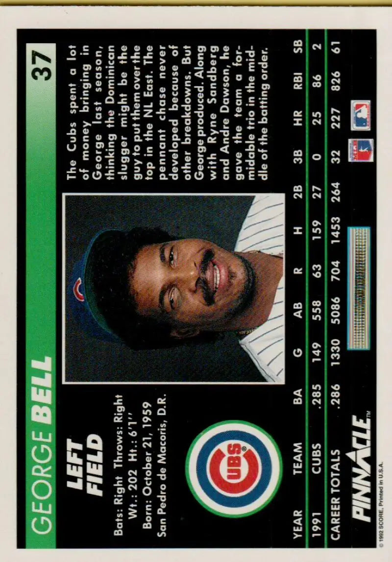 1992 Pinnacle George Bell Baseball Card of Chicago Cubs Player from the 1990s