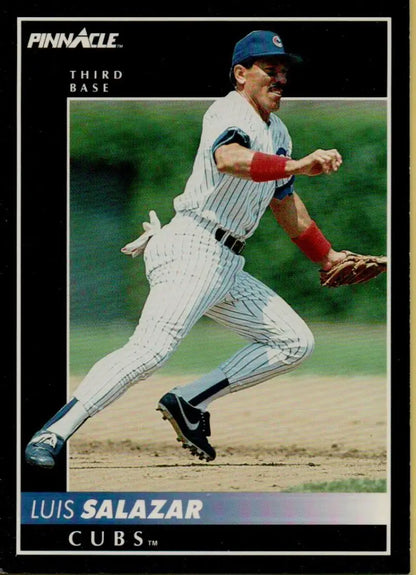 Luis Salazar Chicago Cubs Baseball Card, 1992 Pinnacle #372, fielding motion in pinstripes