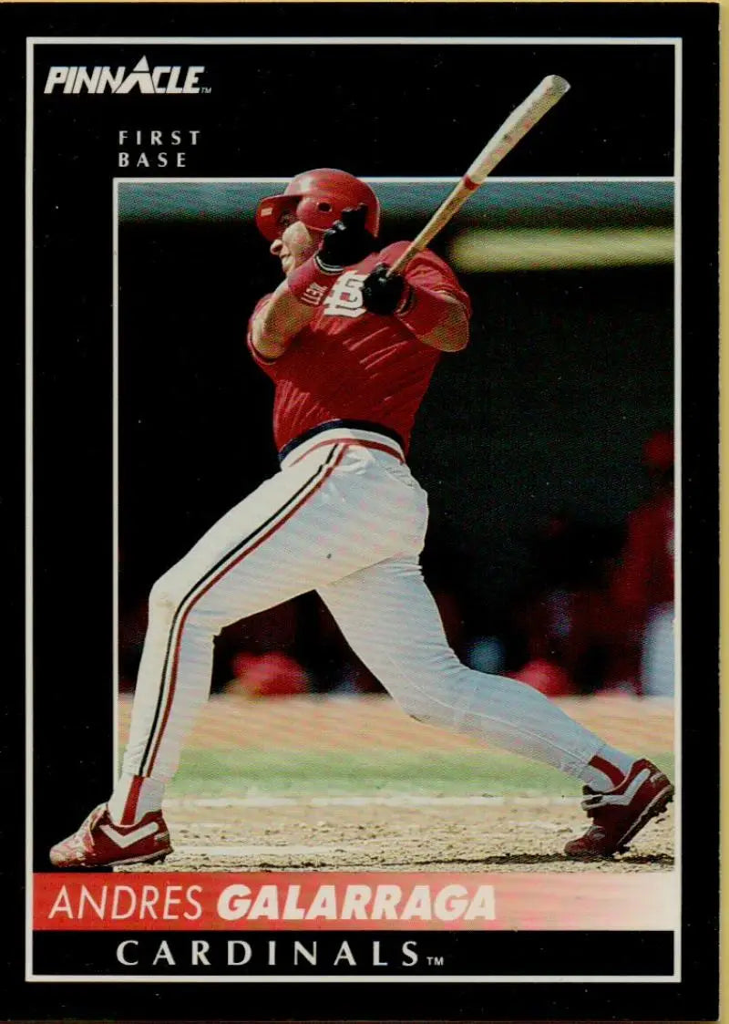 Andres Galarraga at bat in red uniform on 1992 Pinnacle St. Louis Cardinals baseball card