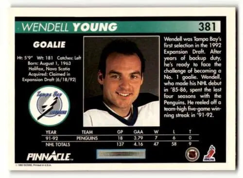 1992 Pinnacle #381 Wendell Young hockey card featuring original gloss and Young Tampa Bay