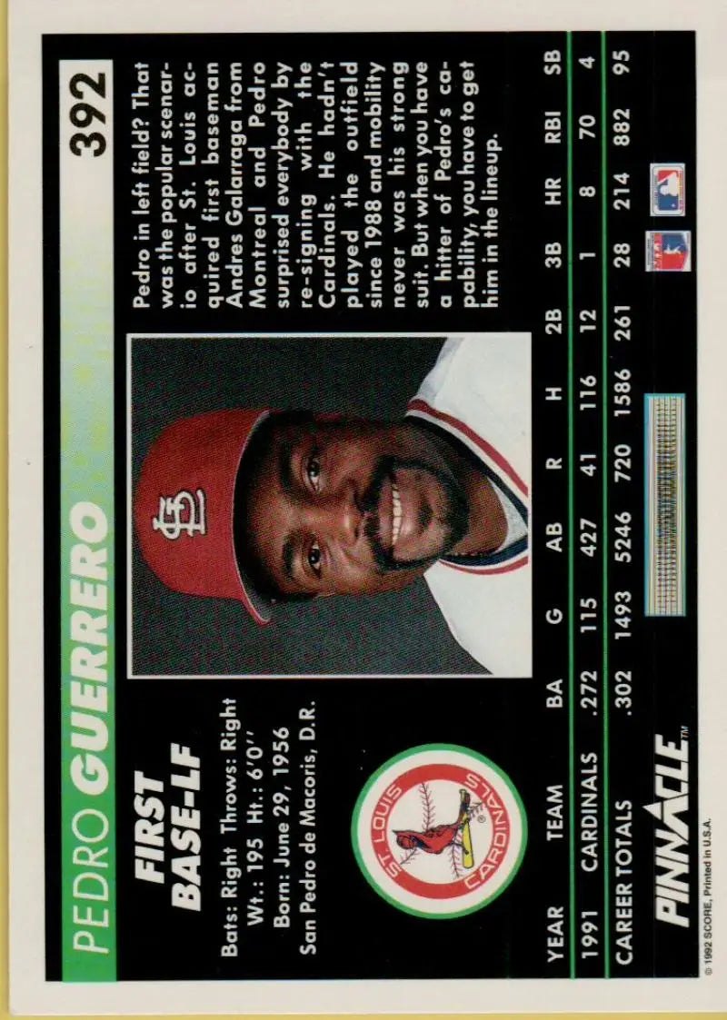 1992 Pinnacle baseball card featuring Pedro Guerrero of the St. Louis Cardinals