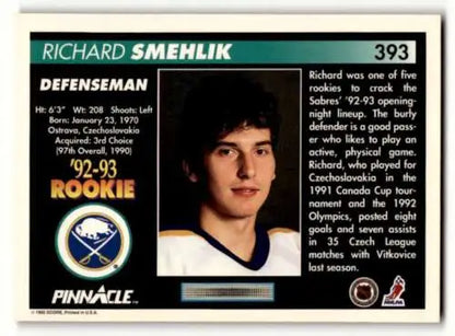 1992 Pinnacle #393 Richard Smehlik Sabres Hockey Card with original gloss details