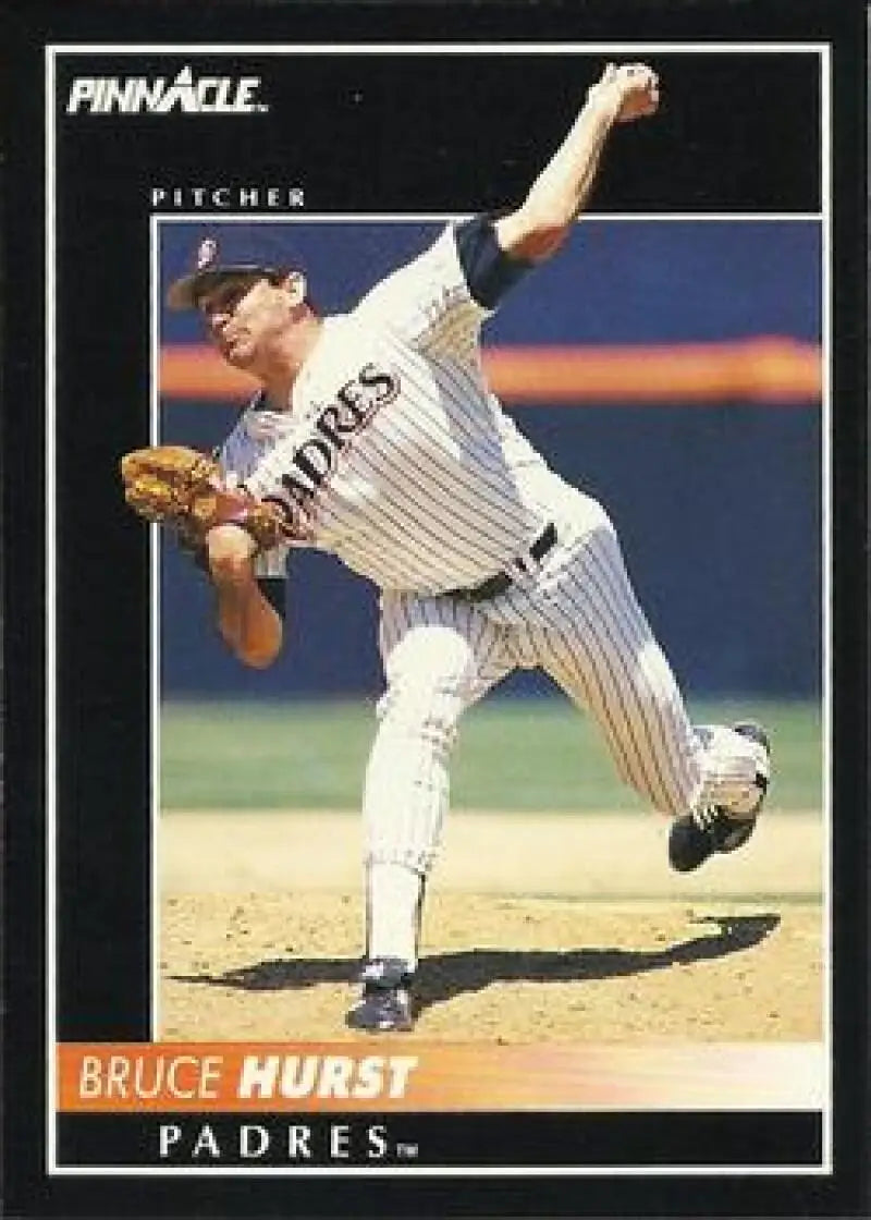 Baseball card of Bruce Hurst in mid-throw, showcasing San Diego Padres pinstripes