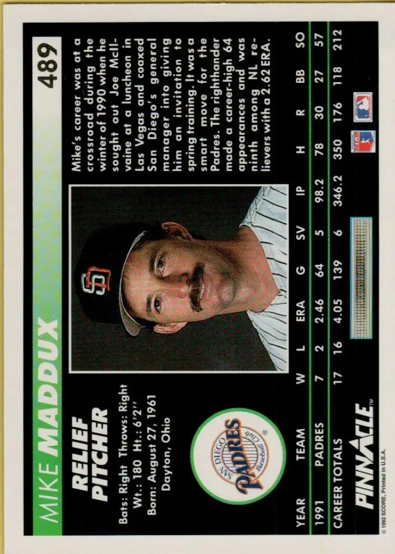 Baseball card of Mike Maddux in pinstripes for San Diego Padres 1992 Pinnacle #489