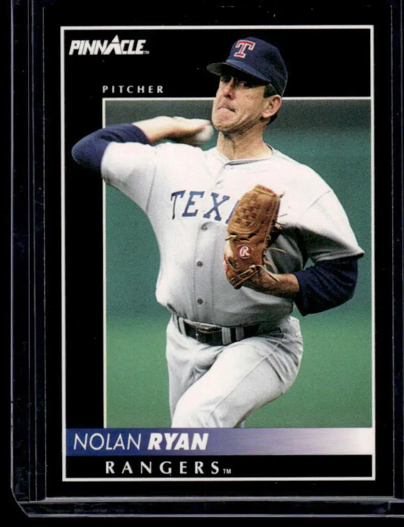 Nolan Ryan Texas Rangers baseball card showcasing pitcher in mid-throwing motion