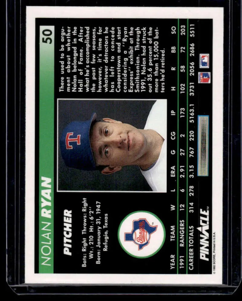 Baseball card of Nolan Ryan with dark green border, Texas Rangers collectible