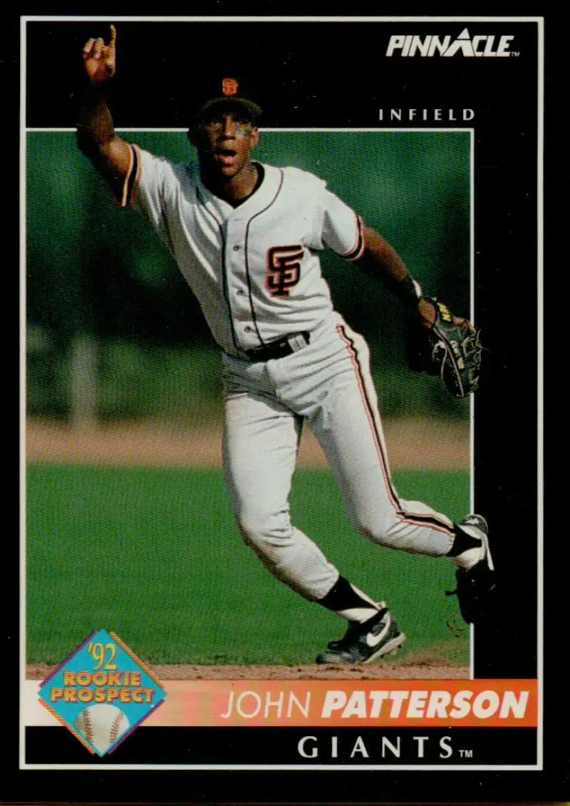 Baseball card of John Patterson, San Francisco Giants infielder, in throwing motion