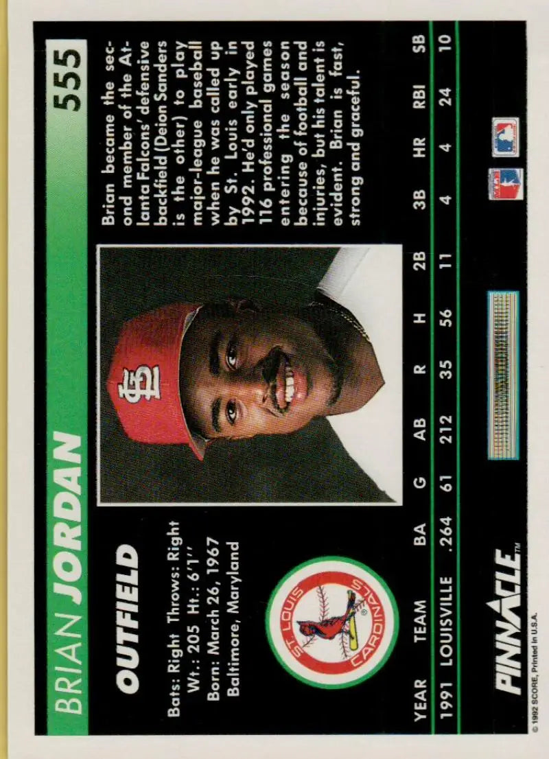 Brian Jordan baseball card from the California Angels with red cap detail