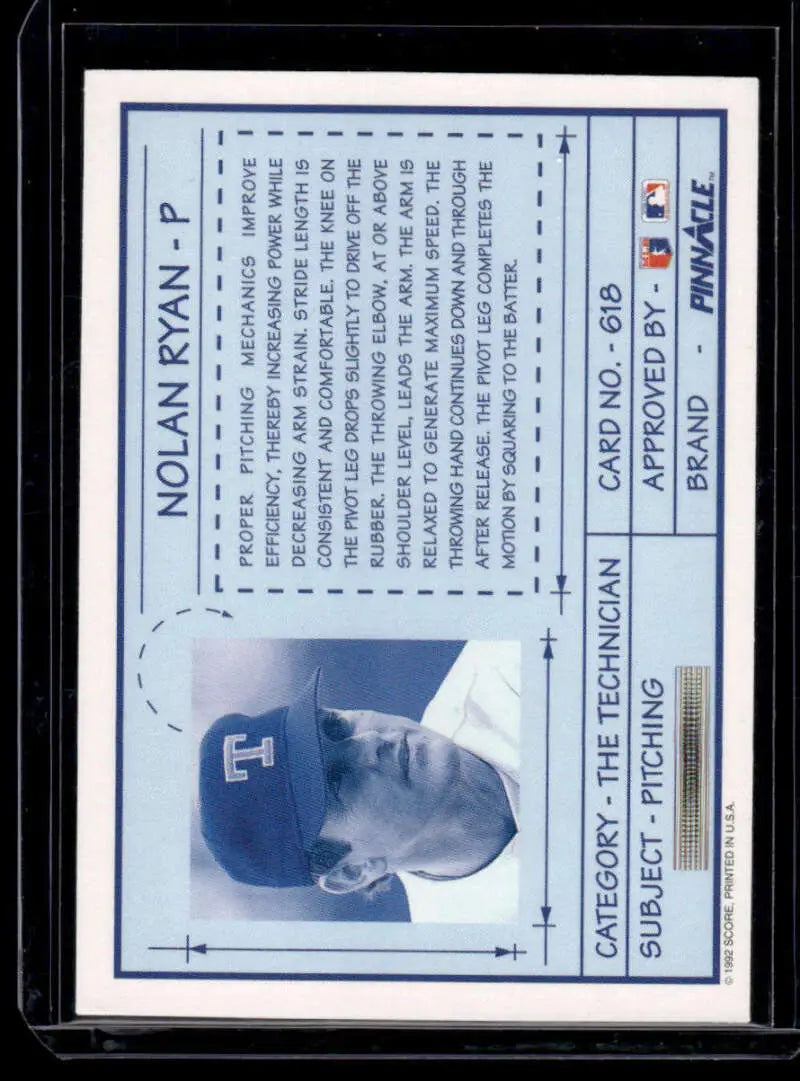 Baseball card of Nolan Ryan in Texas Rangers cap from 1992 Pinnacle series