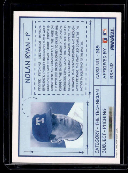 Baseball card of Nolan Ryan in Texas Rangers cap from 1992 Pinnacle series