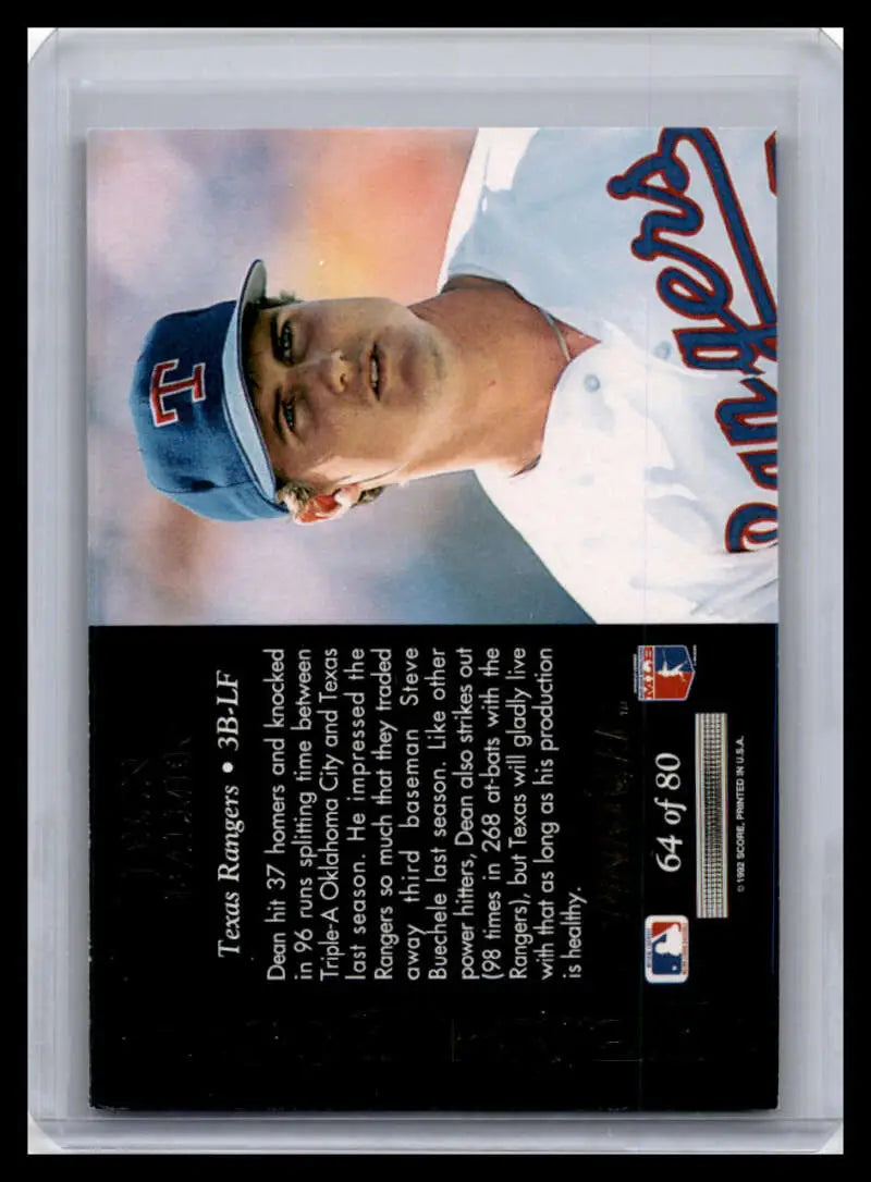 Baseball card of Dean Palmer in Texas Rangers uniform with blue cap and white jersey