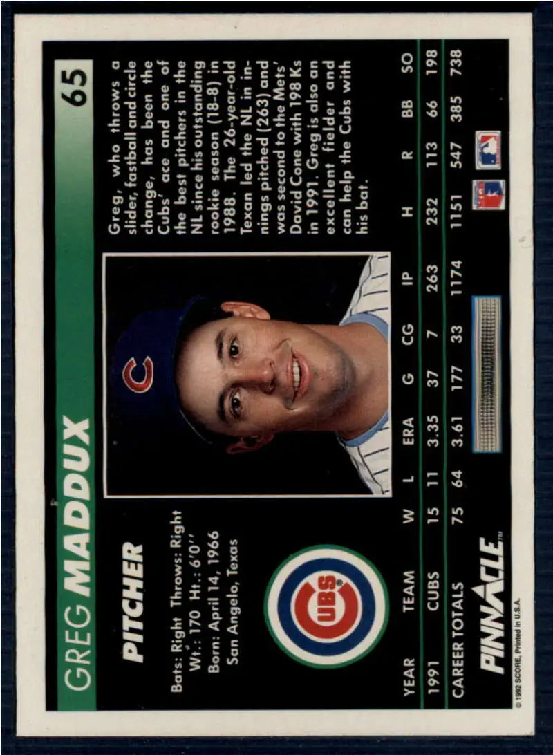 Baseball card of Greg Maddux, Chicago Cubs pitcher, from the early 1990s