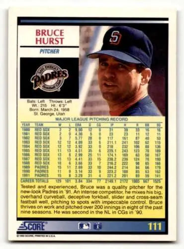 Original gloss 1992 Score #111 Bruce Hurst San Diego Padres baseball card EX/NM