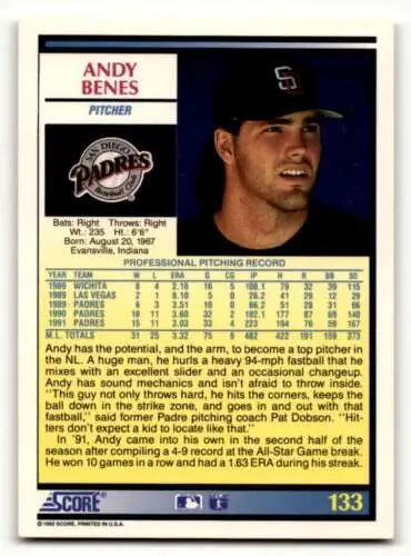 Original gloss 1992 Score #133 Andy Benes San Diego Padres baseball card EX/NM