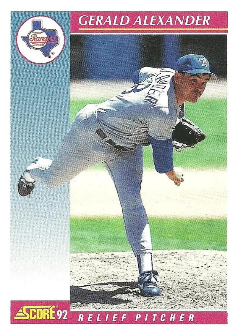 Texas Rangers baseball card of Gerald Alexander in gray uniform mid-delivery pitch