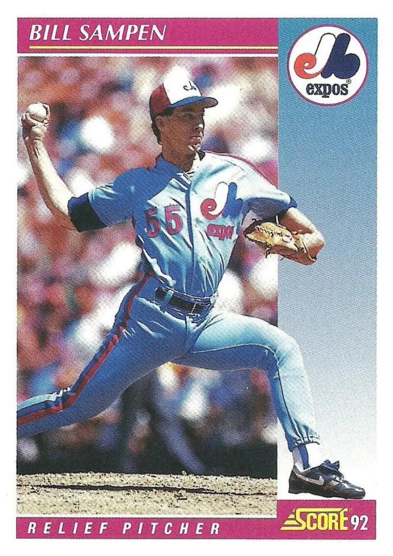 Montreal Expos baseball card featuring pitcher Bill Sampen in mid-delivery action