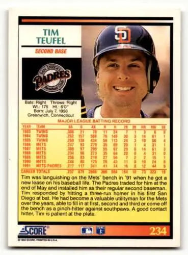 Tim Teufel San Diego Padres baseball card 1992 Score original gloss EX/NM quality