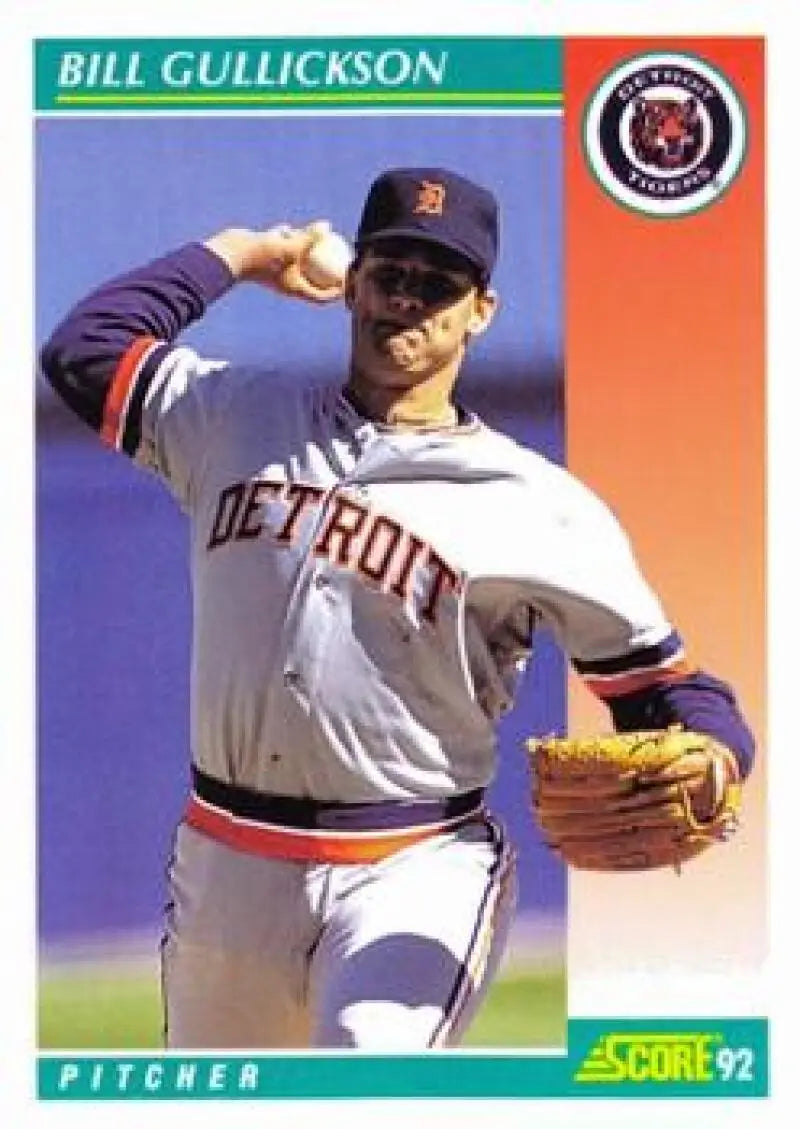 Baseball player in Detroit Tigers uniform throwing a pitch on 1992 Score baseball card